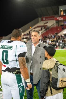 Sport1 host Carsten Spengemann with Daniel Emmanuel 0, defensive tackle, Schwaebisch Hall Unicorns GER, Potsdam Royals vs Schwaebisch Hall Unicorns, GFL, season 2023, GFL Bowl, finals, 14 10 2023, GER, Potsdam Royals vs Schwaebisch Hall Unicorns, GFL, season 2023, GFL Bowl, finals, 14 10 2023 Essen Copyright: xEibner-Pressefoto FlorianxWolfx EP_FWF