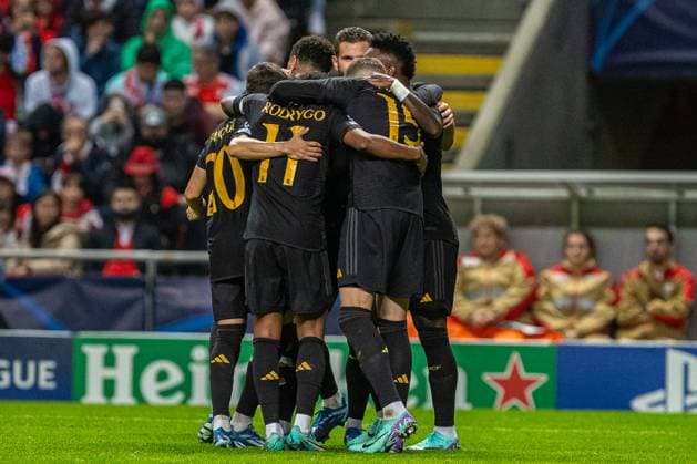 Uefa Champions League, Braga SC vs Real Madrid, round 3 of 6 Braga, Portugal, October, 24th, 2023,Uefa Champions League, Braga SC vs Real Madrid, round 3 of 6 at the Estadio Municipal de Braga, Real Madrid Team celebrates the second goal, photography by @guelbergoes Braga Portugal