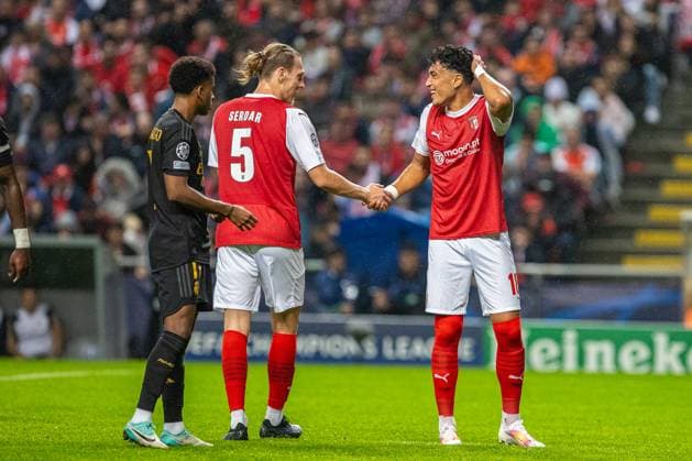 Uefa Champions League, Braga SC vs Real Madrid, round 3 of 6 Braga, Portugal, October, 24th, 2023,Uefa Champions League, Braga SC vs Real Madrid, round 3 of 6 at the Estadio Municipal de Braga, Serdar Saatcı playing for Braga, Vitor Carvalho playing for Braga, photography by @guelbergoes Braga Portugal