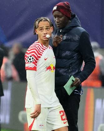 RB Leipzig Red Star Belgrade Champions League Leipzig, 25 10 2023, Red Bull Arena, Football , UEFA Champions League, Group G , Matchday 3, RB Leipzig vs Red Star Belgrade , Pictured from front Xavi Simons 20, RB Leipzig , Team coach Babacar N Diaye RB Leipzig , Photo intended for editorial use only , UEFA regulations prohibit any use of photographs as image sequences and or quasi video ,