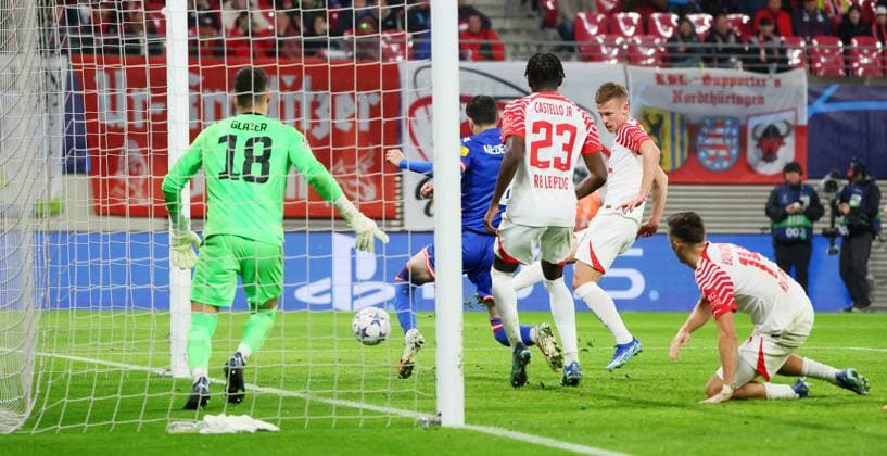 RB Leipzig Red Star Belgrade Champions League Leipzig, 25 10 2023, Red Bull Arena, Football , UEFA Champions League, Group G , Matchday 3, RB Leipzig vs Red Star Belgrade , In picture Goal for RB Leipzig Dani Olmo 7, RB Leipzig scores 3 1 , Photo intended for editorial use only , UEFA regulations prohibit any use of photographs as image sequences and or quasi video ,