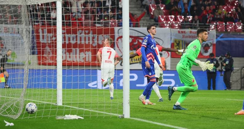RB Leipzig Red Star Belgrade Champions League Leipzig, 25 10 2023, Red Bull Arena, Football , UEFA Champions League, Group G , Matchday 3, RB Leipzig vs Red Star Belgrade , In picture Goal for RB Leipzig Dani Olmo 7, RB Leipzig scores 3 1 , Photo intended for editorial use only , UEFA regulations prohibit any use of photographs as image sequences and or quasi video ,