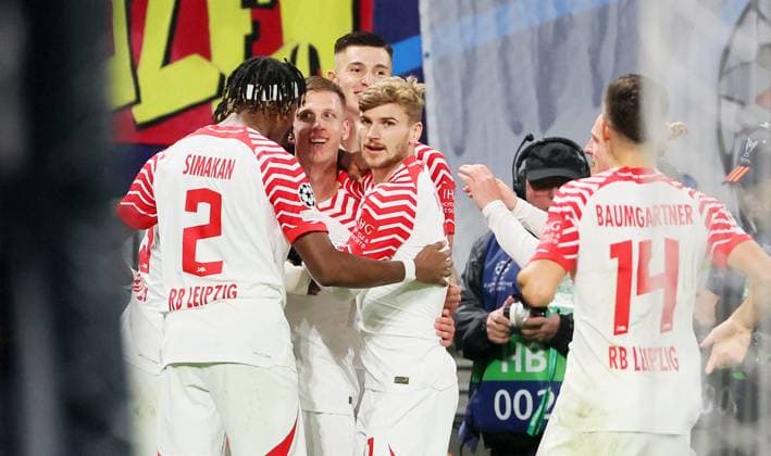 RB Leipzig Red Star Belgrade Champions League Leipzig, 25 10 2023, Red Bull Arena, Football , UEFA Champions League, Group G , Matchday 3, RB Leipzig vs Red Star Belgrade , In picture Goal for RB Leipzig Dani Olmo 7, RB Leipzig scores 3 1 and cheers , Photo intended for editorial use only , UEFA regulations prohibit any use of photographs as image sequences and or quasi video ,
