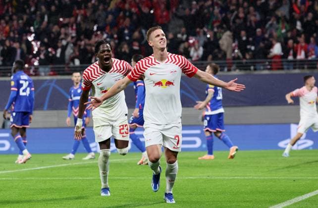 RB Leipzig Red Star Belgrade Champions League Leipzig, 25 10 2023, Red Bull Arena, Champions League, Group G, Matchday 3 , RB LEIPZIG vs RED STAR BELGRAD , goal for RB Leipzig to 3 1 In the picture Castello Lukeba 23, RB Leipzig and scorer Dani Olmo 7, RB Leipzig , goal celebration , Picture Point