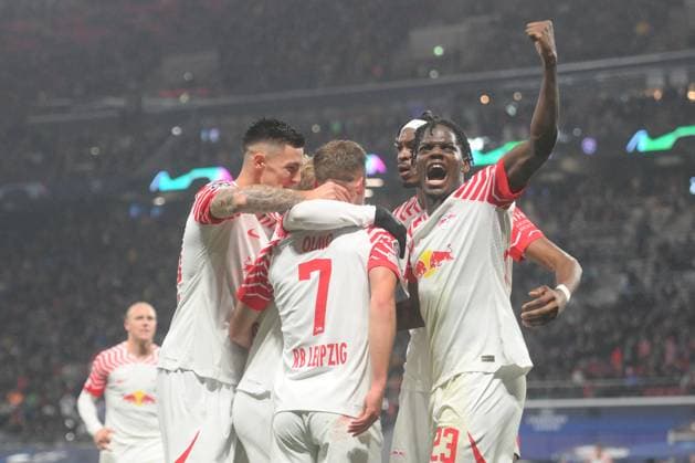 Dani Olmo RB Leipzig center, scores the 3 1, Castello Lukeba RB Leipzig re RB Leipzig vs FK Red Star Belgrade, Football, Champions League, Preliminary Round, Matchday 3, Season 2023 2024, 25 10 2023 DFB DFL REGULATES PROHIBIT ANY USE OF PHOTOGRAPHS AS IMAGE SEQUENCES AND OR QUASI VIDEO RB Leipzig vs FK Red Star Belgrade, Football, Champions League, Preliminary Round, Matchday 3, Season 2023 2024, 25 10 2023 Leipzig. Copyright: xEibner-Pressefoto BertxHarzerx EP_BHR