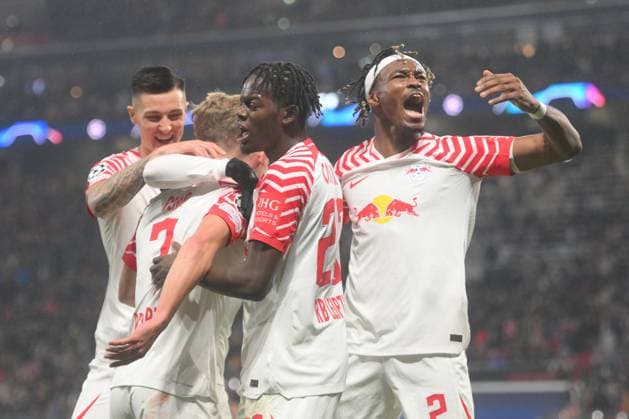 Dani Olmo RB Leipzig center, scores the 3 1, Castello Lukeba RB Leipzig 2 v re , Mohamed Simakan RB Leipzig re RB Leipzig vs FK Red Star Belgrade, football, Champions League, preliminary round, matchday 3, season 2023 2024, 25 10 2023 DFB DFL REGULATES PROHIBIT ANY USE OF PHOTOGRAPHS AS IMAGE SEQUENCES AND OR QUASI VIDEO RB Leipzig vs FK Red Star Belgrade, Football, Champions League, Preliminary Round, Matchday 3, Season 2023 2024, 25 10 2023 Leipzig Copyright: xEibner-Pressefoto BertxHarzerx EP_BHR
