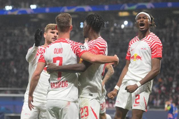 Dani Olmo RB Leipzig center, scores the 3 1, Timo Werner RB Leipzig li , Castello Lukeba RB Leipzig 2 v re , Mohamed Simakan RB Leipzig re RB Leipzig vs FK Red Star Belgrade, Football, Champions League, Preliminary Round, Matchday 3, Saison 2023 2024, 25 10 2023 DFB DFL REGULATIONS PROHIBIT ANY USE OF PHOTOGRAPHS AS IMAGE SEQUENCES AND OR QUASI VIDEO RB Leipzig vs FK Red Star Belgrade, Football, Champions League, Preliminary Round, Matchday 3, Saison 2023 2024, 25 10 2023 Leipzig Copyright: xEibner-Pressefoto BertxHarzerx EP_BHR