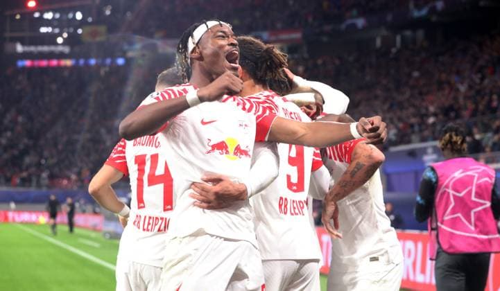 RB Leipzig Red Star Belgrade Champions League Leipzig, 25 10 2023, Red Bull Arena, Football , UEFA Champions League, Group G , Matchday 3, RB Leipzig vs Red Star Belgrade 3 1 1 0 , In picture Goal for RB Leipzig Xavi Simons 20, RB Leipzig scores 2 0 and cheers with teammates Front Mohamed Simakan 2, RB Leipzig , Photo intended for editorial use only , UEFA regulations prohibit any use of photographs as image sequences and or quasi video ,