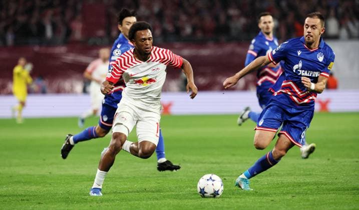 RB Leipzig Red Star Belgrade Champions League Leipzig, 25 10 2023, Red Bull Arena, Champions League, Group G, Matchday 3 , RB LEIPZIG vs RED STAR BELGRAD 3 1 1 0 , Pictured v l Lois Openda 17, RB Leipzig and Milan Rodic 23, Belgrade , Picture Point