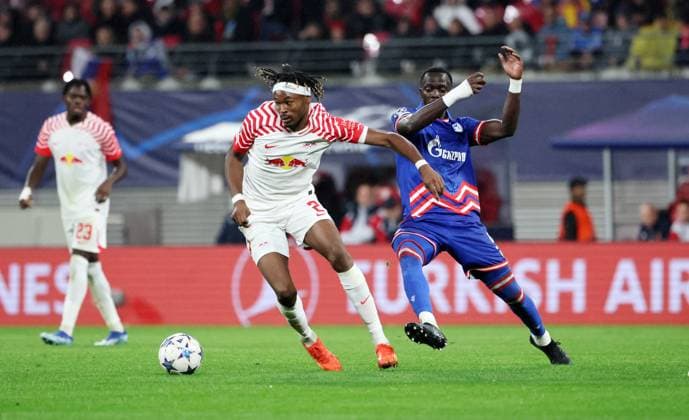 RB Leipzig Red Star Belgrade Champions League Leipzig, 25 10 2023, Red Bull Arena, Champions League, Group G, Matchday 3 , RB LEIPZIG vs RED STAR BELGRAD 3 1 1 0 , Pictured v l Mohamed Simakan 2, RB Leipzig and Cherif Ndiaye 9, Belgrade , Picture Point