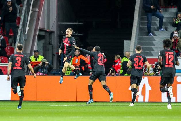 Goal, goal celebration, for 1 0 by Florian Wirtz Bayer 04 Leverkusen, 10 , GER, Bayer 04 Leverkusen vs Qarabag Agdam, UEFA Europa League 2023 24, group stage, match day 3, 26 10 2023, GER, Bayer 04 Leverkusen vs Qarabag Agdam, UEFA Europa League 2023 24, group stage, match day 3, 26 10 2023, Photo Eibner Press Photo Gabriel Boia Leverkusen. Copyright: xGabrielxBoiax EP_EER