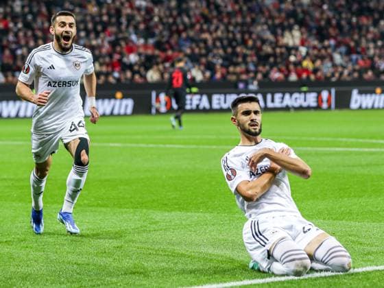 Goal, goal celebration, to 1 1 by Toral Bayramov Qarabag Agdam, 27 , GER, Bayer 04 Leverkusen vs Qarabag Agdam, UEFA Europa League 2023 24, group stage, match day 3, 26 10 2023, GER, Bayer 04 Leverkusen vs Qarabag Agdam, UEFA Europa League 2023 24, group stage, match day 3, 26 10 2023, Photo Eibner Press Photo Gabriel Boia Leverkusen. Copyright: xGabrielxBoiax EP_EER