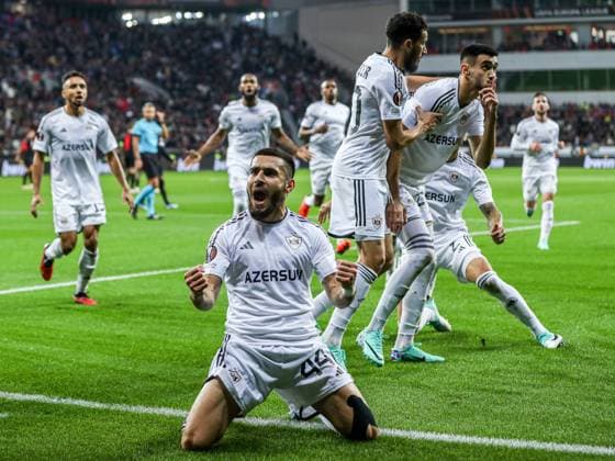 Goal, goal celebration, to 1 1 by Toral Bayramov Qarabag Agdam, 27 , GER, Bayer 04 Leverkusen vs Qarabag Agdam, UEFA Europa League 2023 24, group stage, match day 3, 26 10 2023, GER, Bayer 04 Leverkusen vs Qarabag Agdam, UEFA Europa League 2023 24, group stage, match day 3, 26 10 2023, Photo Eibner Press Photo Gabriel Boia Leverkusen. Copyright: xGabrielxBoiax EP_EER