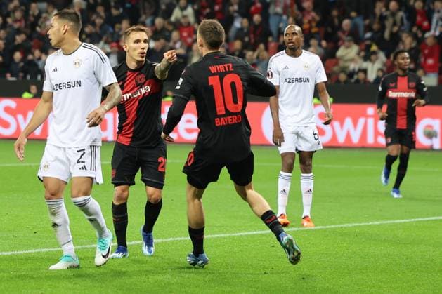 GER, UEFA EL Bayer 04 Leverkusen GER vs Qarabag Agdam AZE 26 10 2023, BayArena, Leverkusen, Europalegue, group stage, matchday 3, GER, UEFA EL Bayer 04 Leverkusen GER vs Qarabag Agdam AZE , pictured goal celebration cheer run, Alejandro Grimaldo Leverkusen 20 , Florian Wirtz Leverkusen 10 , nordphotoxGmbHx xMeuter nph00351