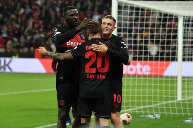 GER, UEFA EL Bayer 04 Leverkusen GER vs Qarabag Agdam AZE 26 10 2023, BayArena, Leverkusen, Europalegue, group stage, matchday 3, GER, UEFA EL Bayer 04 Leverkusen GER vs Qarabag Agdam AZE , pictured goal celebrations cheers cheers, Alejandro Grimaldo Leverkusen 20 , Florian Wirtz Leverkusen 10 , Victor Boniface Leverkusen 22 , nordphotoxGmbHx xMeuter nph00351