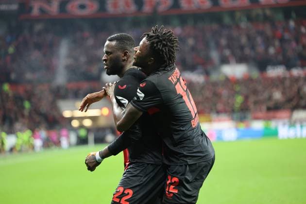 GER, UEFA EL Bayer 04 Leverkusen GER vs Qarabag Agdam AZE 26 10 2023, BayArena, Leverkusen, Europalegue, group stage, matchday 3, GER, UEFA EL Bayer 04 Leverkusen GER vs Qarabag Agdam AZE , pictured 3 1 by Victor Boniface Leverkusen 22 , goal celebration cheer run, Nathan Tella Leverkusen 19 , Edmond Tapsobsa Leverkusen 12 , nordphotoxGmbHx xMeuter nph00351