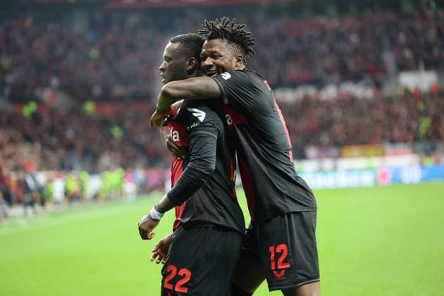 GER, UEFA EL Bayer 04 Leverkusen GER vs Qarabag Agdam AZE 26 10 2023, BayArena, Leverkusen, Europalegue, group stage, matchday 3, GER, UEFA EL Bayer 04 Leverkusen GER vs Qarabag Agdam AZE , pictured 3 1 by Victor Boniface Leverkusen 22 , goal celebration cheer run, Nathan Tella Leverkusen 19 , Edmond Tapsobsa Leverkusen 12 , nordphotoxGmbHx xMeuter nph00351