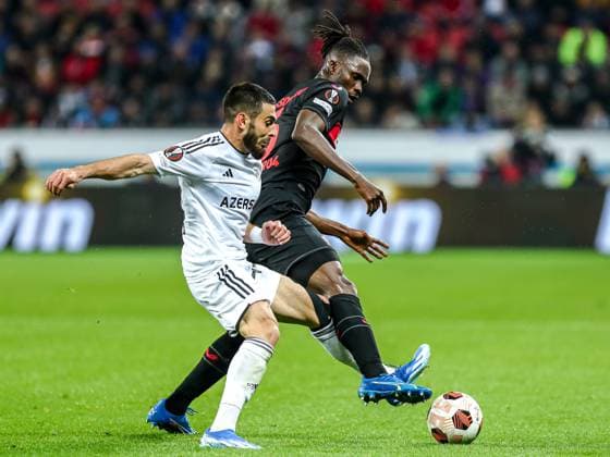 Elvin Jafarguliyev Qarabag Agdam, 44 in a duel against Edmond Faycial Tapsoba Bayer 04 Leverkusen, 12 , GER, Bayer 04 Leverkusen vs Qarabag Agdam, UEFA Europa League 2023 24, group stage, match day 3, 26 10 2023, GER, Bayer 04 Leverkusen vs Qarabag Agdam, UEFA Europa League 2023 24, group stage, match day 3, 26 10 2023, Photo Eibner Press Photo Gabriel Boia Leverkusen. Copyright: xGabrielxBoiax EP_EER