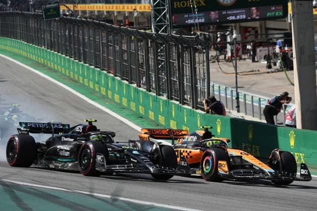 44 HAMILTON Lewis (gbr), Mercedes AMG F1 Team W14, action 04 NORRIS Lando (gbr), McLaren F1 Team MCL60, action during the 2023 Formula 1 Rolex Grande Premio de Sao Paulo, 20th round of the 2023 Formula One World Championship, WM, Weltmeisterschaft from November 3 to 5, 2023 on the Autodromo Josà Carlos Pace, in Sao Paulo, Brazil - F1 - SAO PAULO GRAND PRIX 2023 - RACE DPPI Panoramic G0OD9331 copie