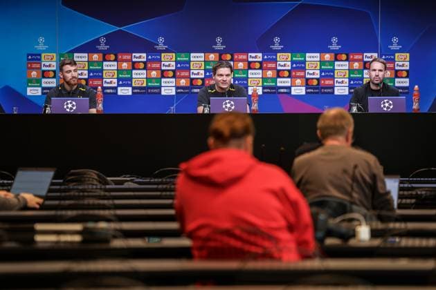 06 11 2023, Football, Season 2023 2024, UCL, UEFA Champions League, Group stage, Matchday 4, Press conference Borussia Dortmund, f l Salih Özcan Borussia Dortmund , Head coach Edin Terzic Borussia Dortmund , Press spokesman Sven Westerschulze Borussia Dortmund , Dortmund Signal Iduna Park NRW Germany xRHR PHOTO DEx Copyright: DennisxEwert RHR-FOTOx RHR-FOTO DE