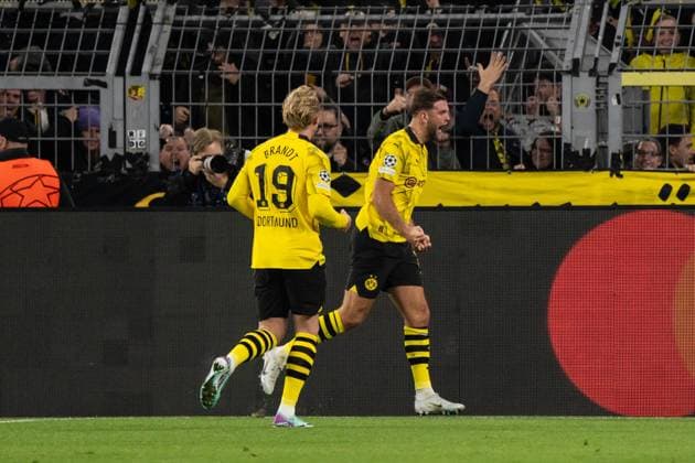 GER, UEFA Champions League, Borussia Dortmund vs Newcastle United, Group stage 4 matchday 07 11 2023, Signal Iduna Park, Dortmund, GER, UEFA Champions League, Borussia Dortmund vs Newcastle United, Group stage 4 matchday In the picture Goal celebration Cheering the goal for 1 0 by Niclas Füllkrug BV Borussia Dortmund, 14 j Julian Brandt BV Borussia Dortmund, 19 nordphotoxGmbHxx xChristianxSchulze nph000300