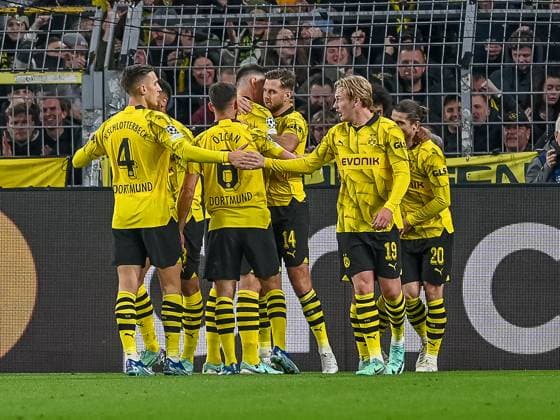 The Dortmund team celebrates the goal for 1 0 Nico Schlotterbeck Borussia Dortmund 09, 04 , Salih Oezcan Borussia Dortmund 09, 06 , Niklas Suele Borussia Dortmund 09, 25 , goal scorer Niclas Fuellkrug Borussia Dortmund 09, 14 , Julian Brandt Borussia Dortmund 09, 19, Karim Adeyemi Borussia Dortmund 09, 27 and Marcel Sabitzer Borussia Dortmund, 20 Borussia Dortmund vs Newcastle United, Football, UEFA Champions League, Matchday 04, 2023 2024 season, 07 11 2023 Borussia Dortmund vs Newcastle United, Football, UEFA Champions League, Matchday 04, 2023 2024 season, 0307 11 2023 Dortmund Copyright: xEibner-Pressefoto ThomasxHaeslerx EP_THR