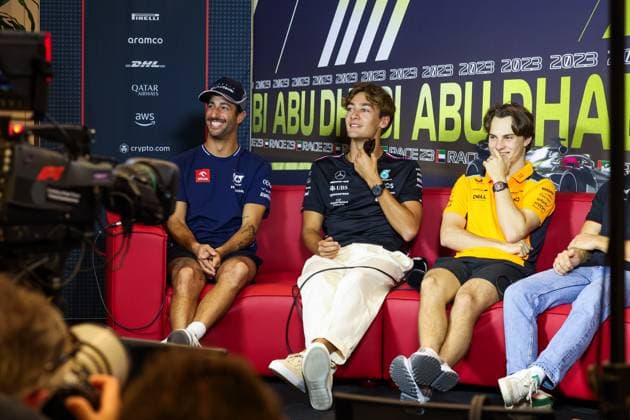 RICCIARDO Daniel (aus), Scuderia AlphaTauri AT04, RUSSELL George (gbr), Mercedes AMG F1 Team W14, PIASTRI Oscar (aus), McLaren F1 Team MCL60, portrait during the 2023 Formula 1 Etihad Airways Abu Dhabi Grand Prix, 22th round of the 2023 Formula One World Championship, WM, Weltmeisterschaft from November 24 to 26, 2023 on the Yas Marina Circuit, in Abu Dhabi - F1 - ABU DHABI GRAND PRIX 2023 DPPI Panoramic 00123047_G0OD7702