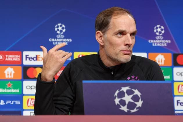 Thomas Tuchel FC Bayern Muenchen, head coach at the press conference, points with finger, gesture, International Press Conference FC Bayern Muenchen, Football, UEFA Champions League, Preliminary Round, Matchday 5, Season 23 24, 28 11 2023 , International Press Conference FC Bayern Muenchen, Football, UEFA Champions League, Preliminary Round, Matchday 5, Season 23 24, 28 11 2023 Muenchen Copyright: xEibner-Pressefoto JennixMaulx EP_JML