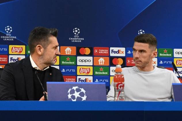 Football, Men, Season 2023 2024, UEFA Champions League Group C, Matchday 5 , SC Sporting Braga 1 FC Union Berlin, Press conference of 1 FC Union the day before the match, f l Coach Nenad Bjelica 1 FC Union Berlin , Robin Gosens 1 FC Union Berlin , 28 11 2023, Copyright: xMatthiasxKochx