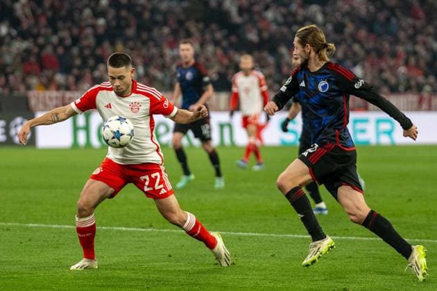 Raphael Guerreio FC Bayern Muenchen, 22 , Rasmus Falk FC Copenhagen, 33 GER, FC Bayern Muenchen FCB vs FC Copenhagen FCK , Football, UEFA Champions League, Preliminary Round, Matchday 5, Season 2023 2024, 29 11 2023, DFB DFL regulations prohibit any use of photographs as image sequences and or quasi video , GER, FC Bayern Muenchen FCB vs FC Kopenhagen FCK , Fußball, UEFA Champions League, Vorrunde, 5 Spieltag, Saison 2023 2024, 29 11 2023 Muenchen Copyright: xEibner-Pressefoto SaschaxWaltherx EP_EER