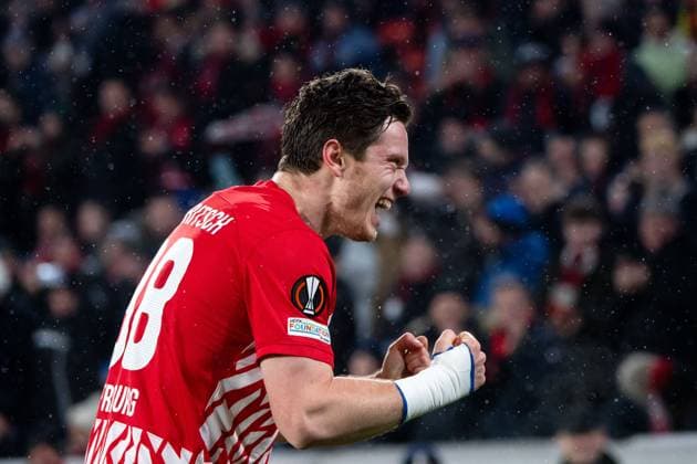 Michael Gregoritsch SC Freiburg, 38 celebrates the goal for 2 0, GER, SC Freiburg vs Olympiakos Piraeus FC, Football UEFA Europa League, Group A, Matchday 5, 2023 2024 season, 30 11 2023 GER, SC Freiburg vs Olympiakos Piraeus FC, Football UEFA Europa League, Group A, Matchday 5, 2023 2024 season, 30 11 2023 Freiburg Copyright: xEibner-Pressefoto Memmlerx EP_MMR