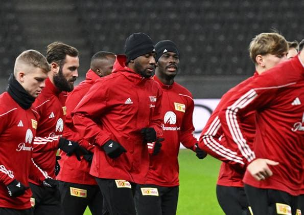 Football, Men, Season 2023 2024, UEFA Champions League Group C, Matchday 6 , 1 FC Union Berlin Real Madrid, Press conference training of Union at the Olympiastadion the day before the match, in the picture from l Andras Schäfer 1 FC Union Berlin , Lucas Tousart 1 FC Union Berlin , Sheraldo Becker 1 FC Union Berlin , David Datro Fofana 1 FC Union Berlin , 11 12 2023, Copyright: xMatthiasxKochx