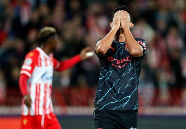 Matheus Nunes of Manchester City reacts Crvena zvezda v Manchester City, UEFA Champions League, Group G, Football, Rajko Mitic Stadium, Belgrade, Serbia - 13 Dec 2023 EDITORIAL USE ONLY No use with unauthorised audio, video, data, fixture lists, club league logos or live services. Online in-match use limited to 120 images, no video emulation. No use in betting, games or single club league player publications. Copyright: xNikolaxKrstic Shutterstockx 14254230bc