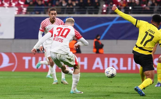 RB Leipzig Young Boys Bern Champions League Leipzig, 13 12 2023, Red Bull Arena, Football , UEFA Champions League, Group G , Matchday 6, RB Leipzig vs Young Boys Bern , In picture Goal for RB Leipzig Benjamin Sesko 30, RB Leipzig scores 1 0 , Photo for editorial use only , UEFA regulations prohibit any use of photographs as image sequences and or quasi video ,