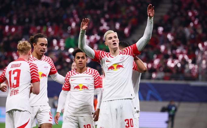 RB Leipzig Young Boys Bern Champions League Leipzig, 13 12 2023, Red Bull Arena, Football , UEFA Champions League, Group G , Matchday 6, RB Leipzig vs Young Boys Bern , In the picture goal for RB Leipzig Benjamin Sesko 30, RB Leipzig scores to 1 0 and cheers , Photo for editorial use only , UEFA regulations prohibit any use of photographs as image sequences and or quasi video ,