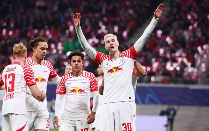 RB Leipzig Young Boys Bern Champions League Leipzig, 13 12 2023, Red Bull Arena, Football , UEFA Champions League, Group G , Matchday 6, RB Leipzig vs Young Boys Bern , In the picture goal for RB Leipzig Benjamin Sesko 30, RB Leipzig scores to 1 0 and cheers , Photo for editorial use only , UEFA regulations prohibit any use of photographs as image sequences and or quasi video ,