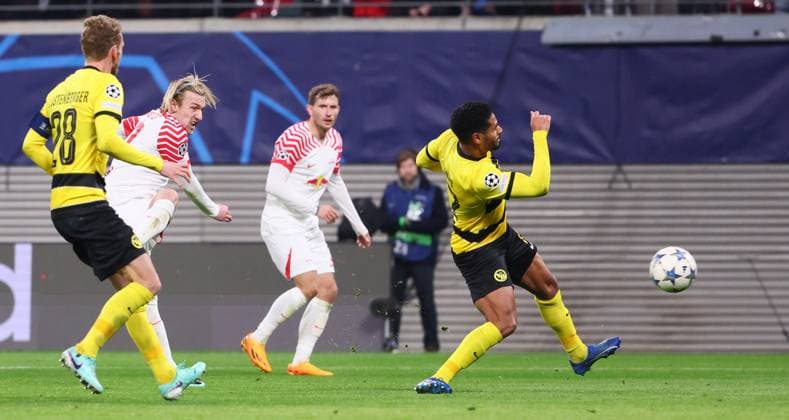 RB Leipzig Young Boys Bern Champions League Leipzig, 13 12 2023, Red Bull Arena, Football , UEFA Champions League, Group G , Matchday 6, RB Leipzig vs Young Boys Bern , In picture Goal for RB Leipzig Emil Forsberg 10, RB Leipzig scores 2 1 , Photo for editorial use only , UEFA regulations prohibit any use of photographs as image sequences and or quasi video ,