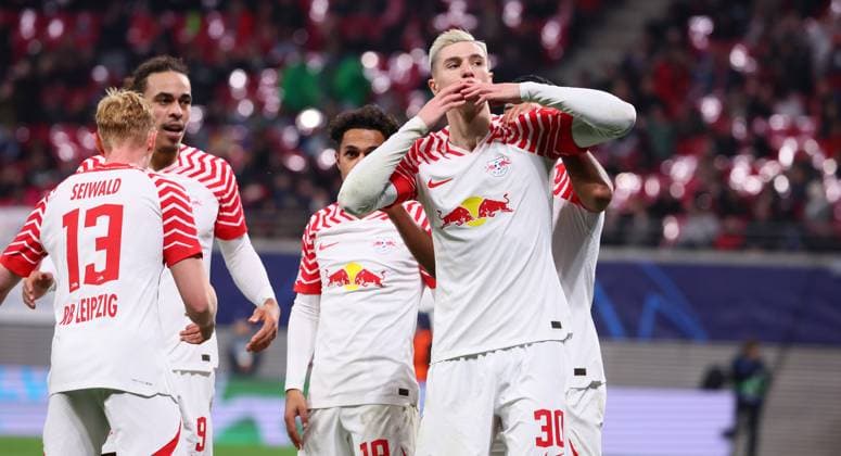 RB Leipzig Young Boys Bern Champions League Leipzig, 13 12 2023, Red Bull Arena, Football , UEFA Champions League, Group G , Matchday 6, RB Leipzig vs Young Boys Bern , In the picture goal for RB Leipzig Benjamin Sesko 30, RB Leipzig scores to 1 0 and cheers , Photo for editorial use only , UEFA regulations prohibit any use of photographs as image sequences and or quasi video ,