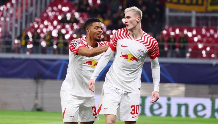 RB Leipzig Young Boys Bern Champions League Leipzig, 13 12 2023, Red Bull Arena, Football , UEFA Champions League, Group G , Matchday 6, RB Leipzig vs Young Boys Bern , In picture Goal for RB Leipzig Benjamin Sesko 30, RB Leipzig scores 1 0 and cheers with Benjamin Henrichs 39, RB Leipzig , Photo for editorial use only , UEFA regulations prohibit any use of photographs as image sequences and or quasi video ,