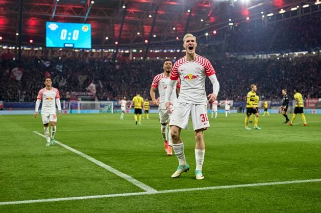 13 12 2023, Football, Men, Champions League, Group stage, 2023 2024, Group G, Matchday 6, RB Leipzig BSC Young Boys Bern Benjamin Sesko 30, RB Leipzig , free kick, cheering after goal Leipzig Red Bull Arena Saxony Germany