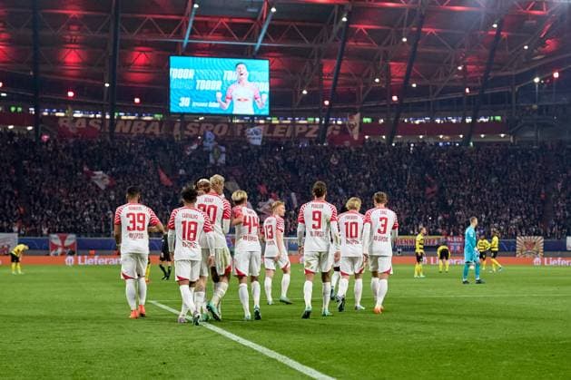 13 12 2023, soccer, men, Champions League, group stage, 2023 2024, Group G, matchday 6, RB Leipzig BSC Young Boys Bern team, RB Leipzig, goal celebration, with video wall, Sesko Leipzig Red Bull Arena Saxony Germany