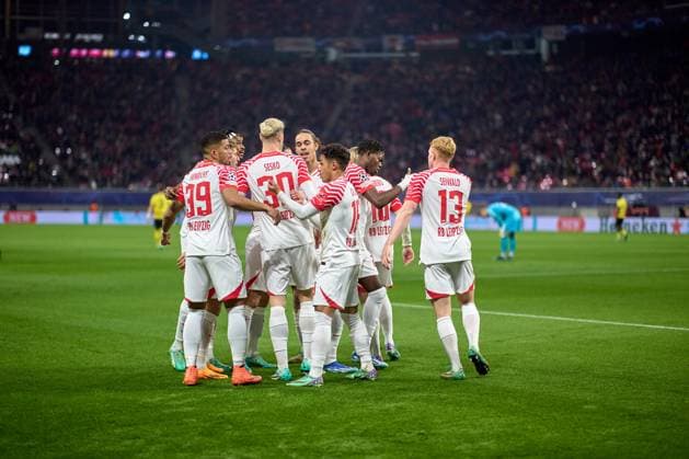 13 12 2023, Football, Men, Champions League, Group stage, 2023 2024, Group G, Matchday 6, RB Leipzig BSC Young Boys Bern Team, RB leipzig, Goal celebration, Offside Leipzig Red Bull Arena Saxony Germany