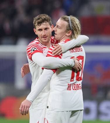 RB Leipzig Young Boys Bern Champions League Leipzig, 13 12 2023, Red Bull Arena, Champions League, Group G, Matchday 6 , RB LEIPZIG vs YOUNG BOYS BERN , Goal for Leipzig to 2 1 In the picture from l Christopher Lenz 3, RB Leipzig and scorer Emil Forsberg 10, RB Leipzig , Goal celebration , Picture Point