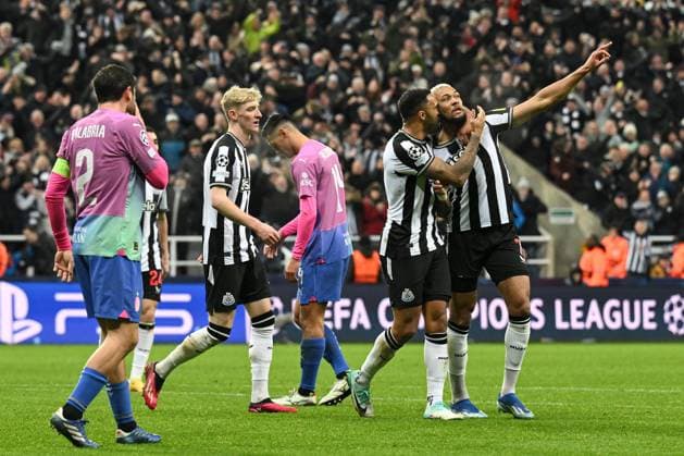 Joelinton of Newcastle United celebrates scoring for their side to make it 1-0 Newcastle United v AC Milan, UEFA Champions League, Group F, Football, St James Park, Newcastle, UK - 13 Dec 2023 EDITORIAL USE ONLY No use with unauthorised audio, video, data, fixture lists, club league logos or live services. Online in-match use limited to 120 images, no video emulation. No use in betting, games or single club league player publications. Copyright: xRichardxLee Shutterstockx 14254244bb