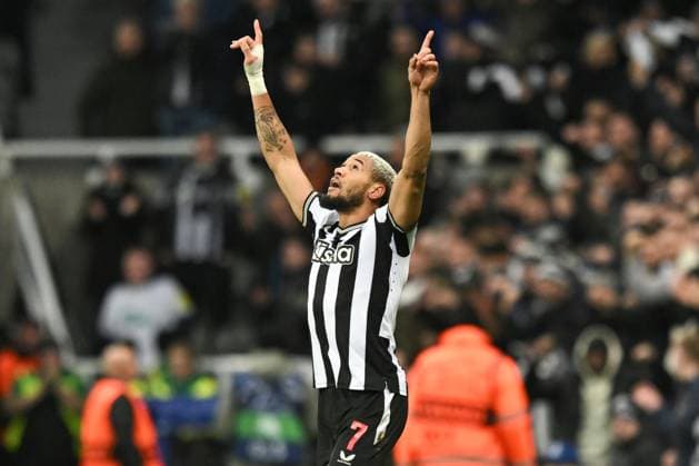 Joelinton of Newcastle United celebrates scoring for their side to make it 1-0 Newcastle United v AC Milan, UEFA Champions League, Group F, Football, St James Park, Newcastle, UK - 13 Dec 2023 EDITORIAL USE ONLY No use with unauthorised audio, video, data, fixture lists, club league logos or live services. Online in-match use limited to 120 images, no video emulation. No use in betting, games or single club league player publications. Copyright: xRichardxLee Shutterstockx 14254244bh