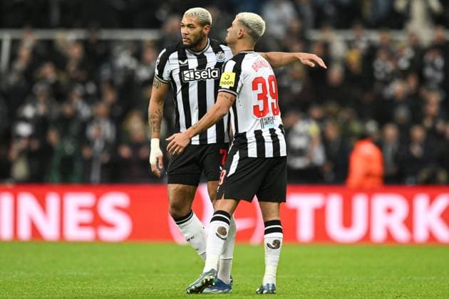 Joelinton of Newcastle United celebrates scoring for their side with Bruno Guimaraes of Newcastle United Newcastle United v AC Milan, UEFA Champions League, Group F, Football, St James Park, Newcastle, UK - 13 Dec 2023 EDITORIAL USE ONLY No use with unauthorised audio, video, data, fixture lists, club league logos or live services. Online in-match use limited to 120 images, no video emulation. No use in betting, games or single club league player publications. Copyright: xRichardxLee Shutterstockx 14254244bm