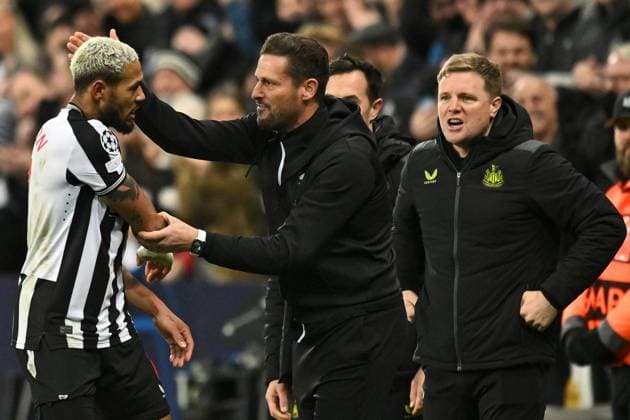 Joelinton of Newcastle United celebrates with Jason Tindall Newcastle United v AC Milan, UEFA Champions League, Group F, Football, St James Park, Newcastle, UK - 13 Dec 2023 EDITORIAL USE ONLY No use with unauthorised audio, video, data, fixture lists, club league logos or live services. Online in-match use limited to 120 images, no video emulation. No use in betting, games or single club league player publications. Copyright: xRichardxLee Shutterstockx 14254244bp