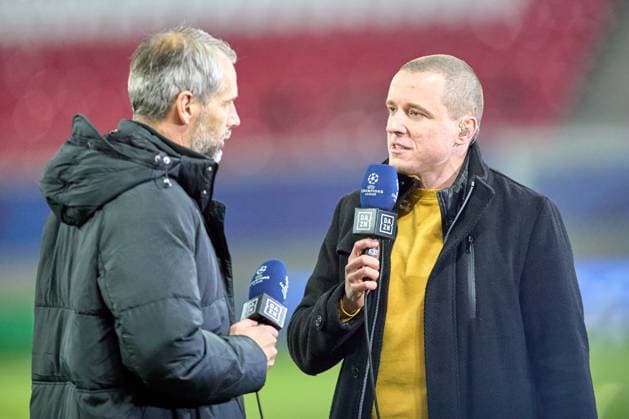 13 12 2023, Football, Men, Champions League, Group stage, 2023 2024, Group G, Matchday 6, RB Leipzig BSC Young Boys Bern Benni Zander re interviews Marco Rose head coach, RB Leipzig for DAZN, before the match Leipzig Red Bull Arena Saxony Germany