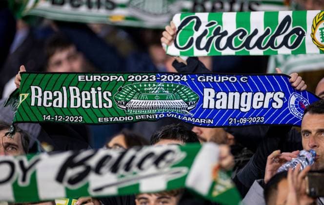 A half and half scarf during the Europa League Group C match at the Estadio Benito Villamarin, Seville. Real Betis v Rangers, UEFA Europa League, Group C, Football, Benito VillamaroÆ?Ã?Ân Stadium, Seville, Spain - 14 Dec 2023 EDITORIAL USE ONLY No use with unauthorised audio, video, data, fixture lists, club league logos or live services. Online in-match use limited to 120 images, no video emulation. No use in betting, games or single club league player publications. Copyright: xKirkxO Rourke RangersxFC Shutterstockx 14257803aj