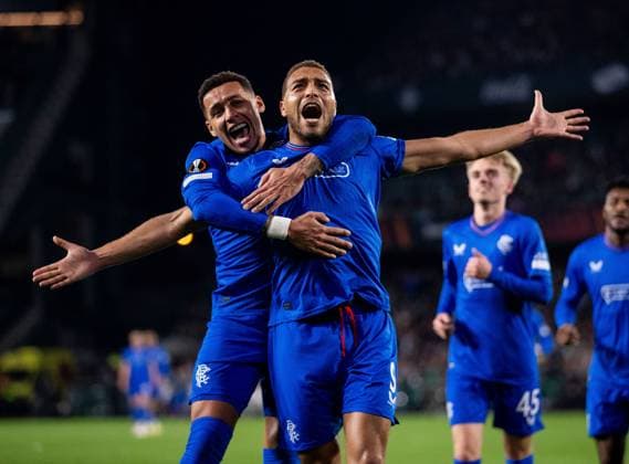 Rangers Forward Cyriel Dessers celebrates scoring his sides second goal during the Europa League Group C match at the Estadio Benito Villamarin, Seville. Real Betis v Rangers, UEFA Europa League, Group C, Football, Benito VillamaroÆ?Ã?Ân Stadium, Seville, Spain - 14 Dec 2023 EDITORIAL USE ONLY No use with unauthorised audio, video, data, fixture lists, club league logos or live services. Online in-match use limited to 120 images, no video emulation. No use in betting, games or single club league player publications. Copyright: xKirkxO Rourke RangersxFC Shutterstockx 14257803bv